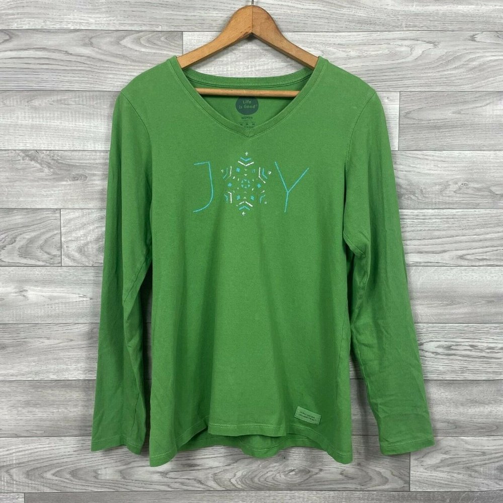 Life Is Good Green Joy Snowflake Christmas Holiday Tee Shirt sz M